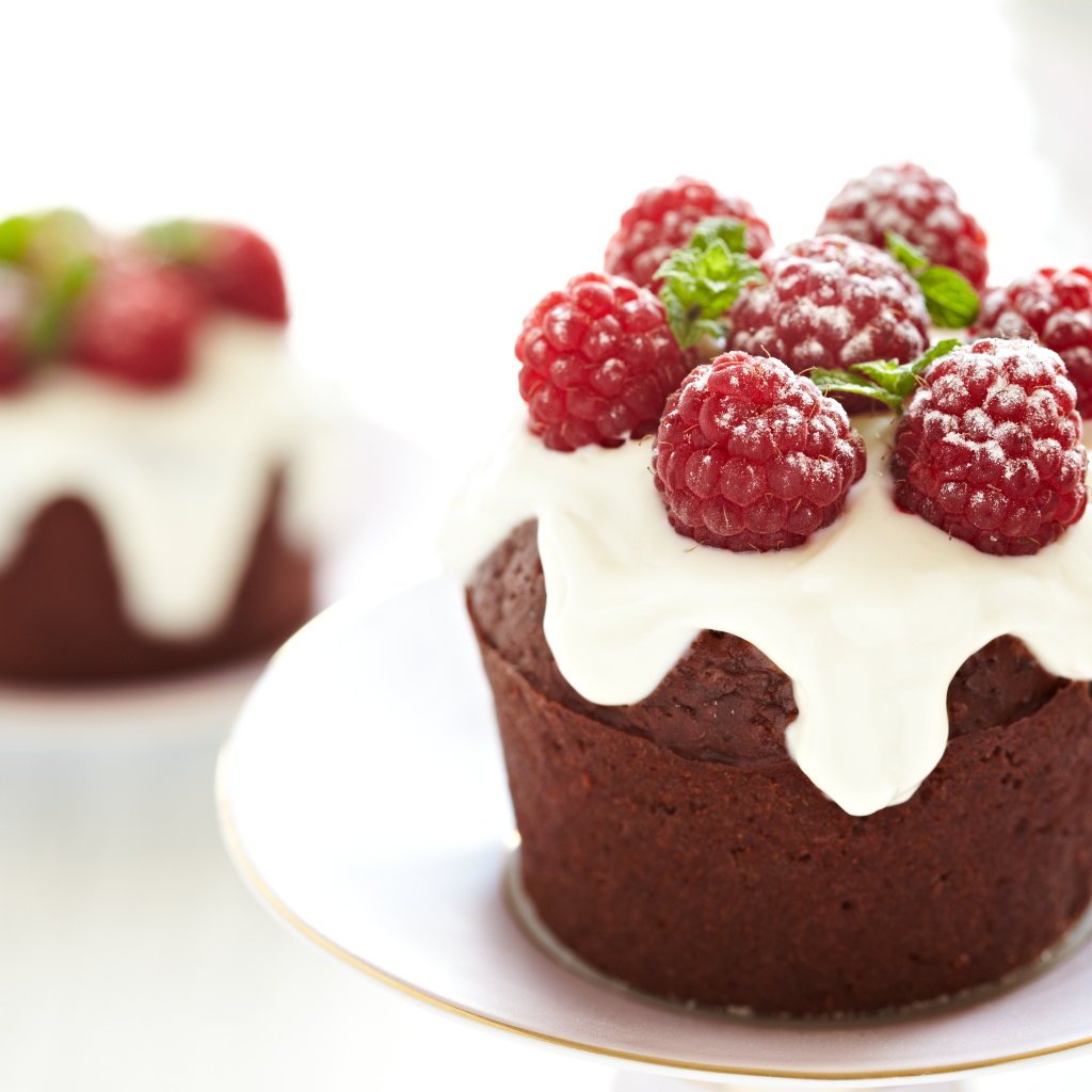 Кекс с кремом и ягодами малины на белой тарелке