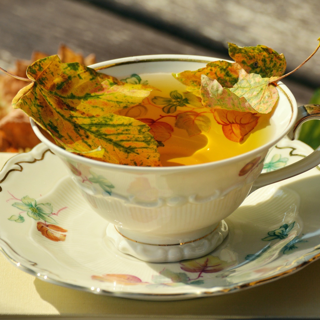 Чай в красивой чашке с осенней листвой