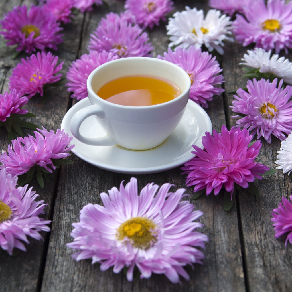 Белая чашка чая на столе с астрами