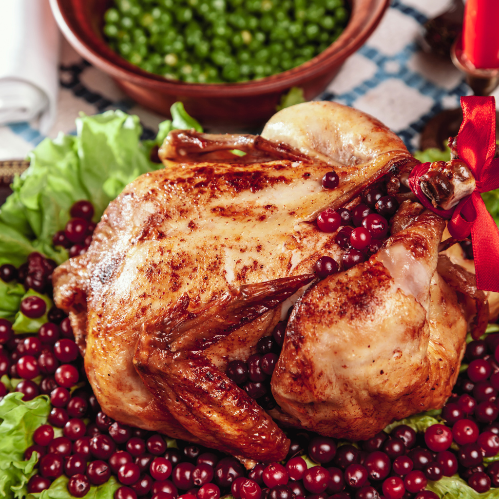 Запеченная курица с ягодами клюквы и листьями салата