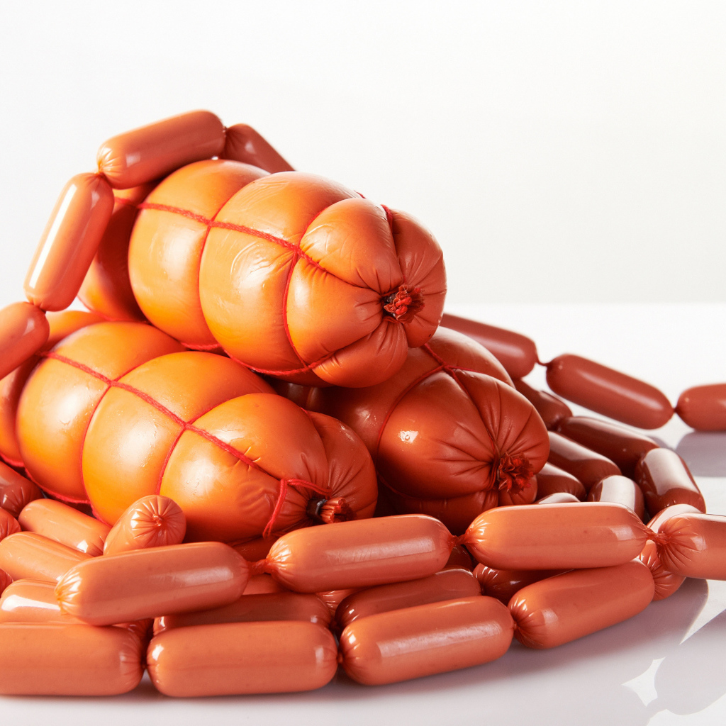 Свежие сосиски и колбаса на белом фоне