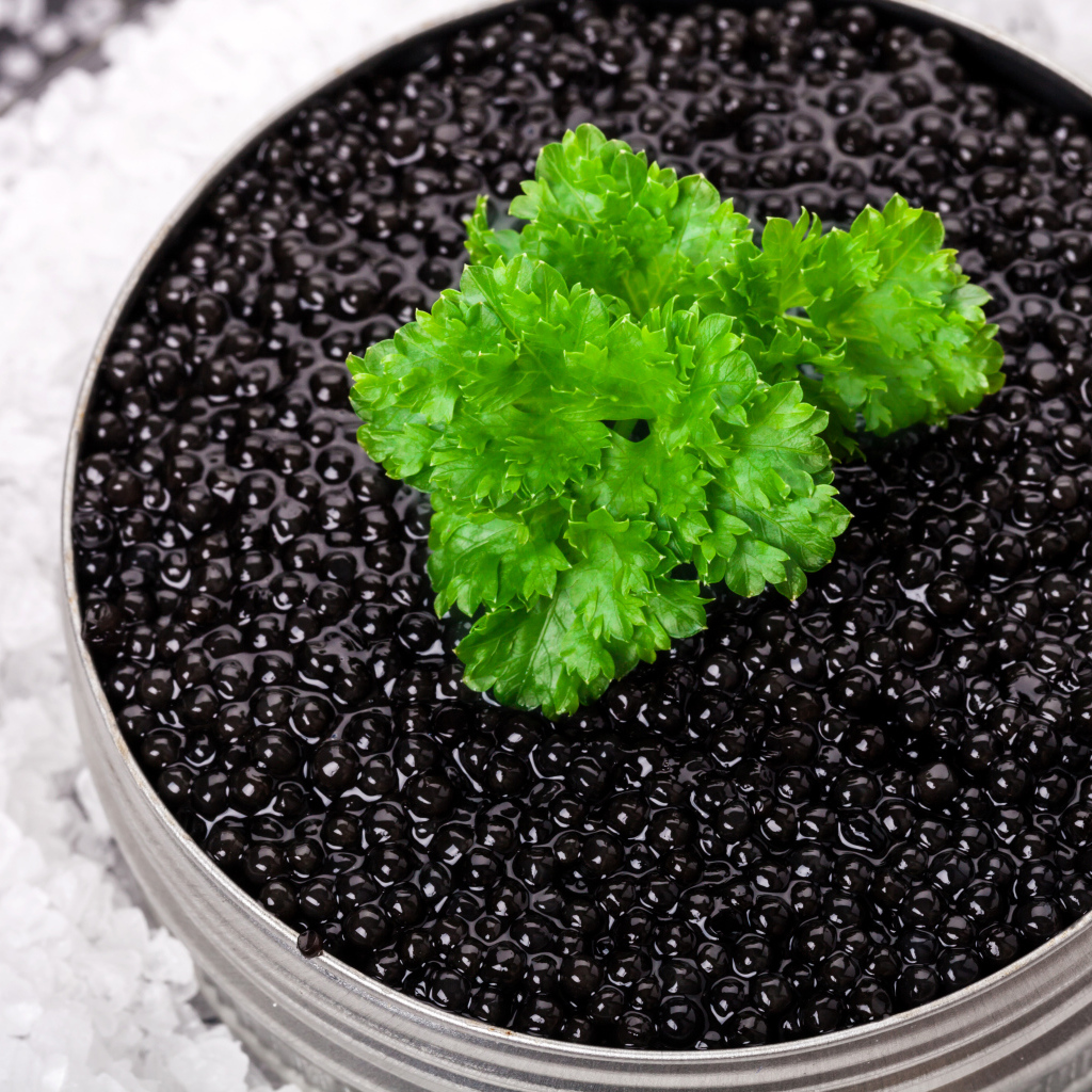 Банка черной икры с листиком петрушки