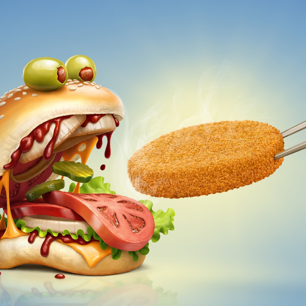 Funny hamburger is fed with a chop