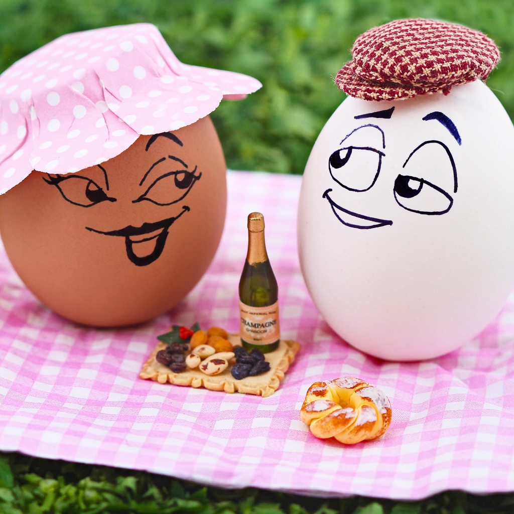 Two eggs have a picnic in nature