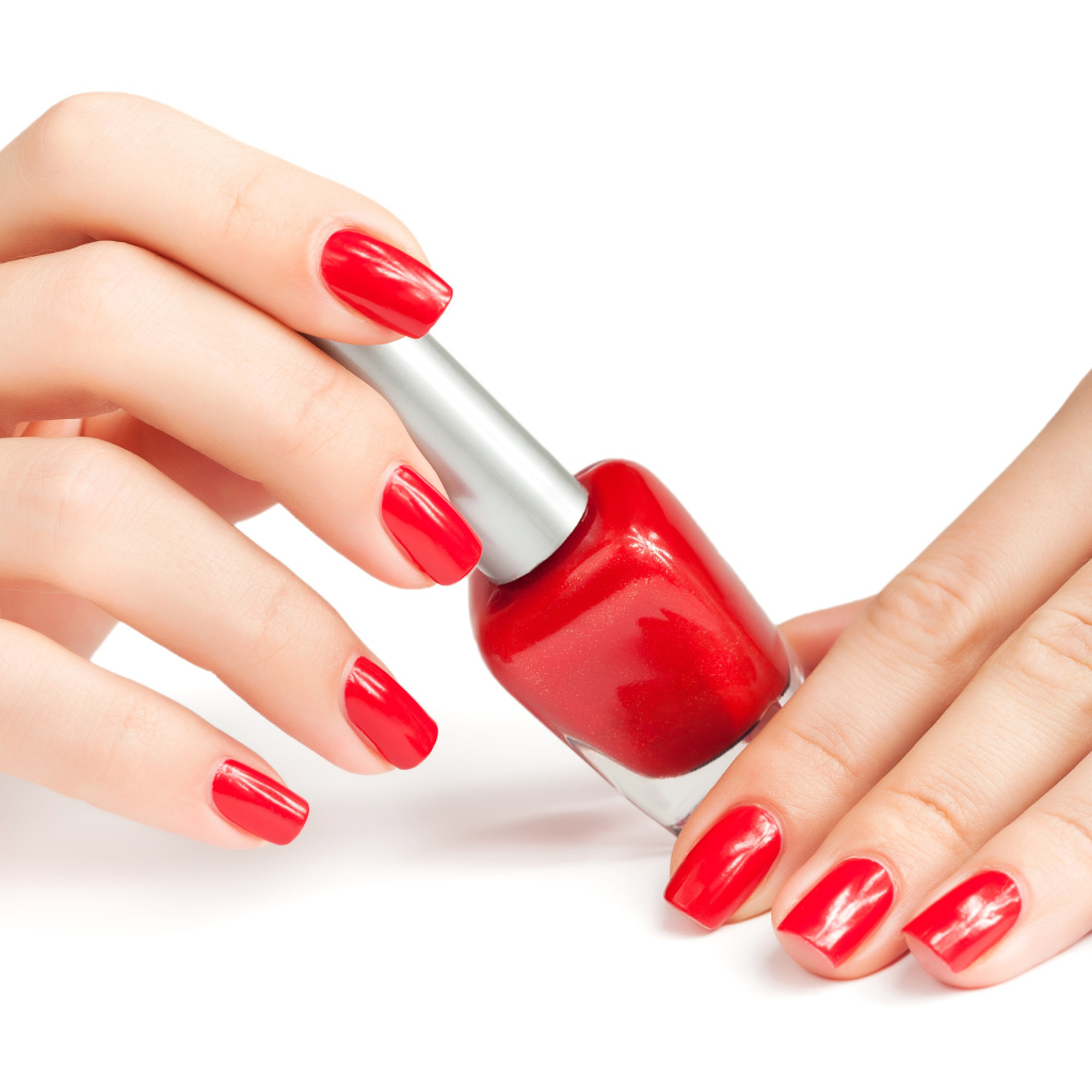 Female hands with a red manicure and varnish on a white background