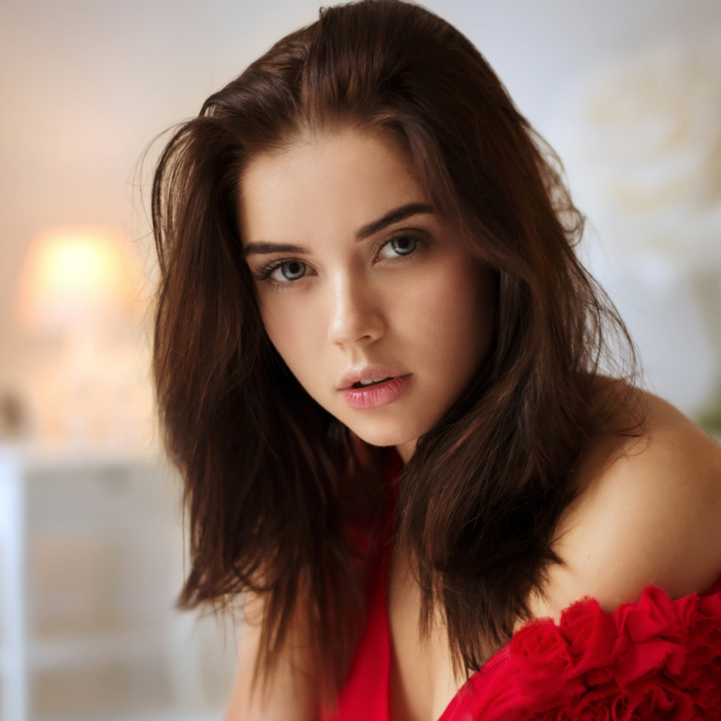 Красивая нежная длинноволосая брюнетка в красном
