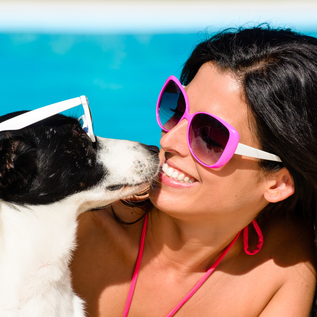 Красивая улыбающаяся девушка в солнечных очках с собакой 