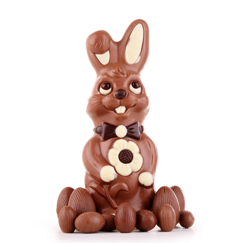 Шоколадный пасхальный кролик с яйцами на белом фоне