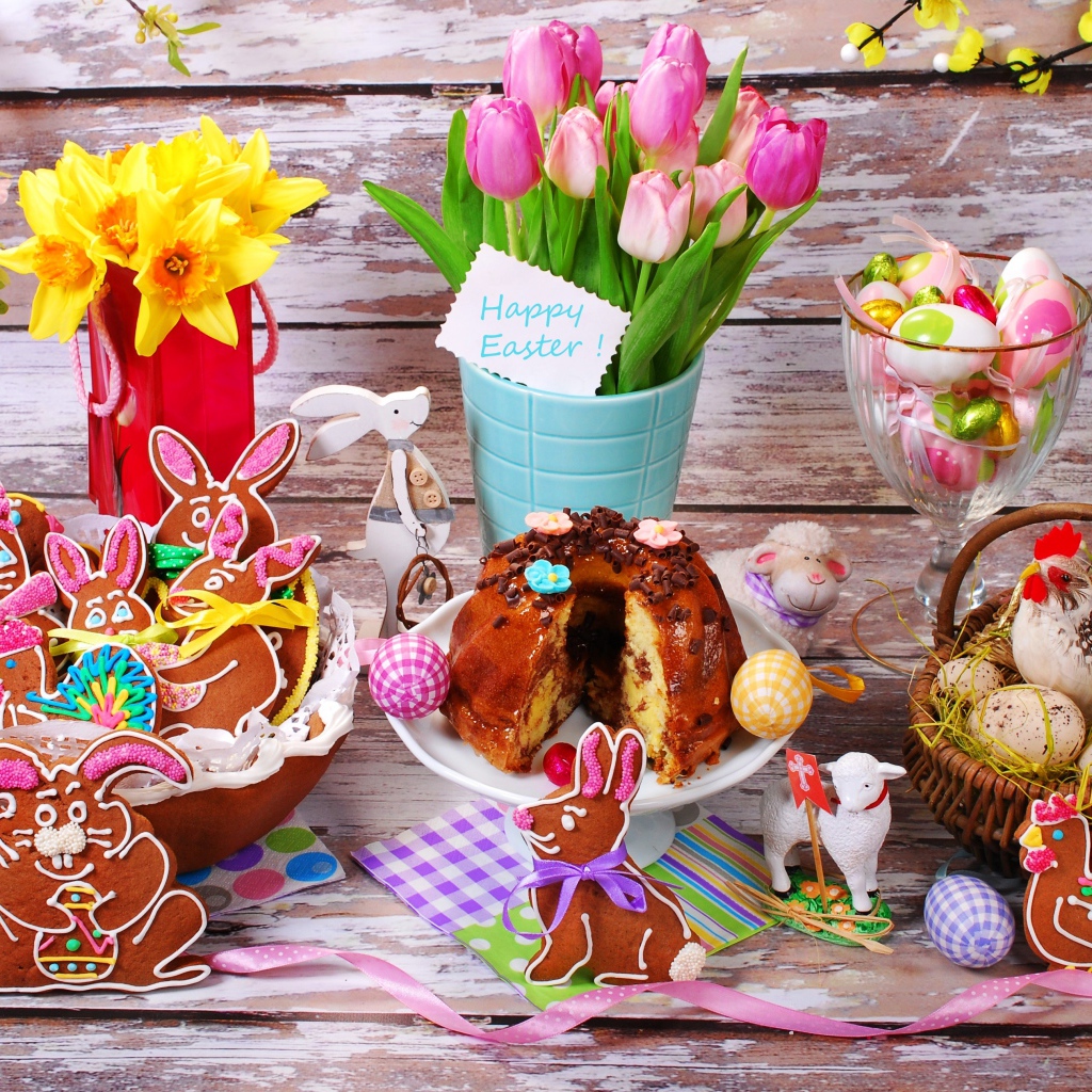 Вкусные праздничные угощения и живые цветы на праздник Пасха