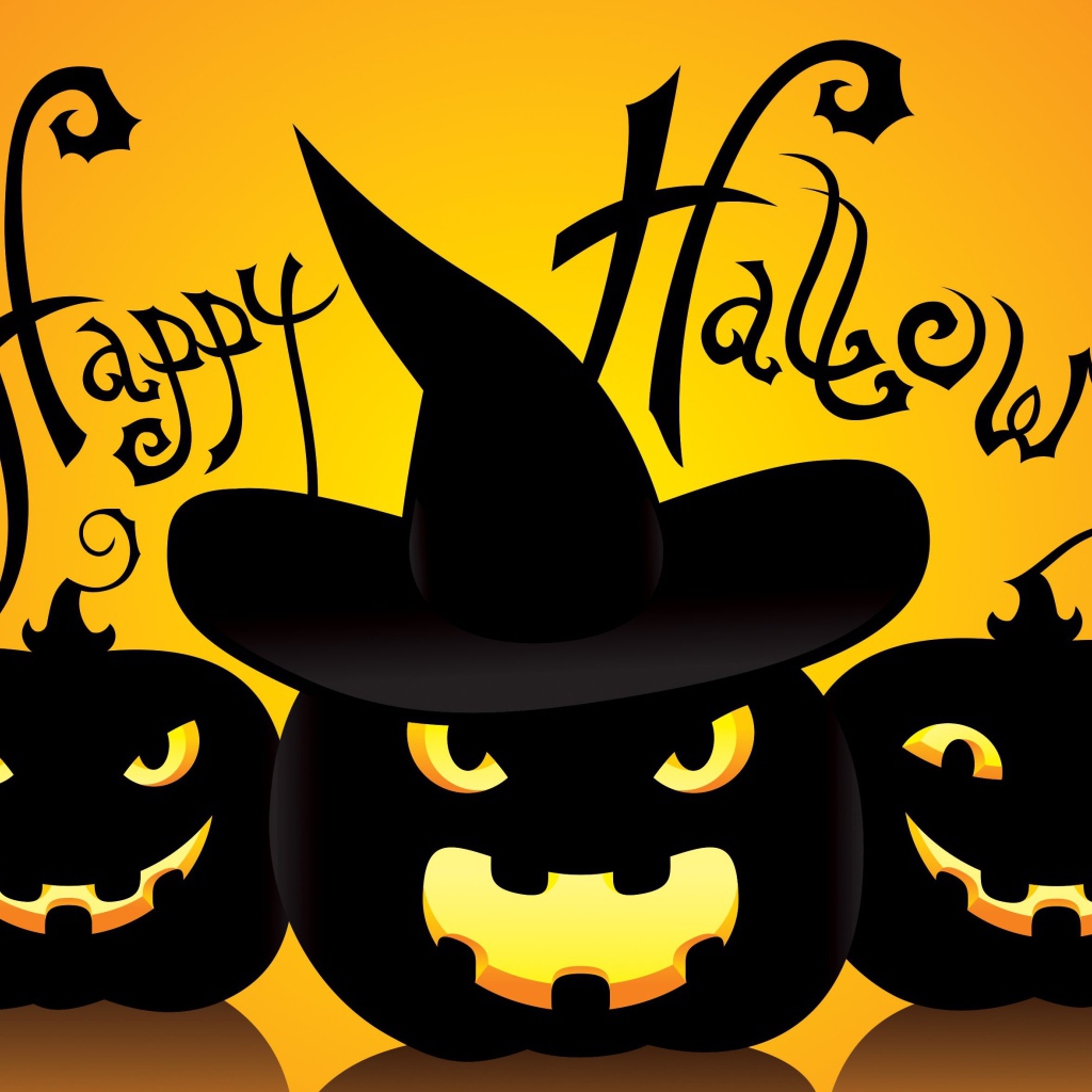 Черные тыквы в шляпах на желтом фоне к празднику Хэллоуин