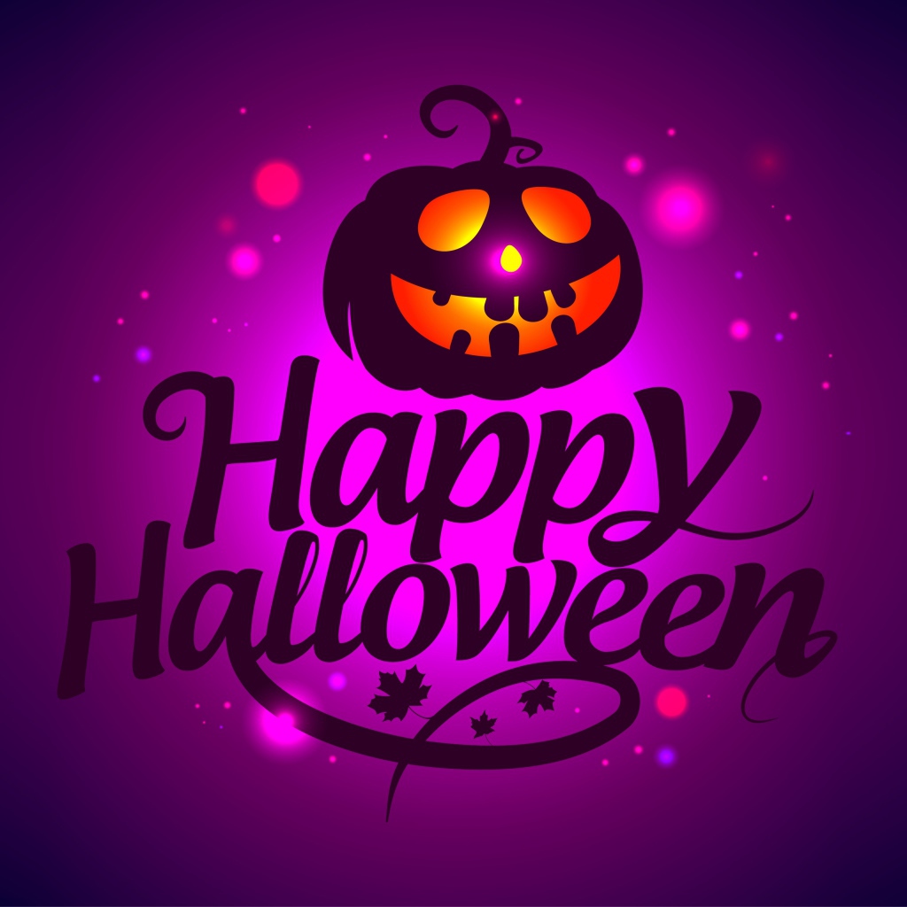 Тыква на сиреневом фоне с надписью Счастливого Хэллоуина