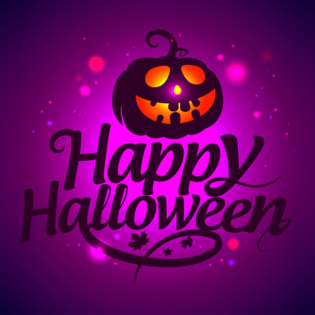 Тыква на сиреневом фоне с надписью Счастливого Хэллоуина