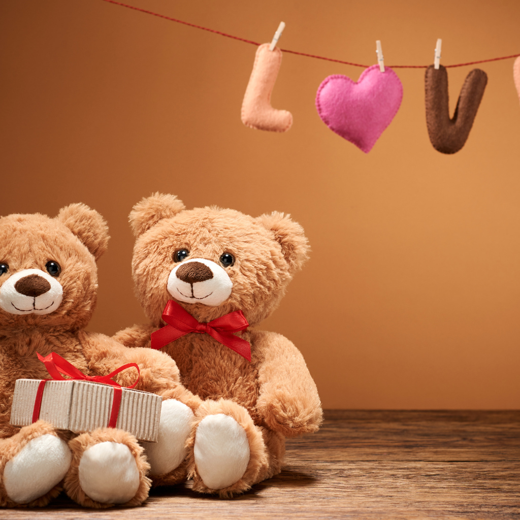 Два медвежонка Тедди с подарком на День Святого Валентина 