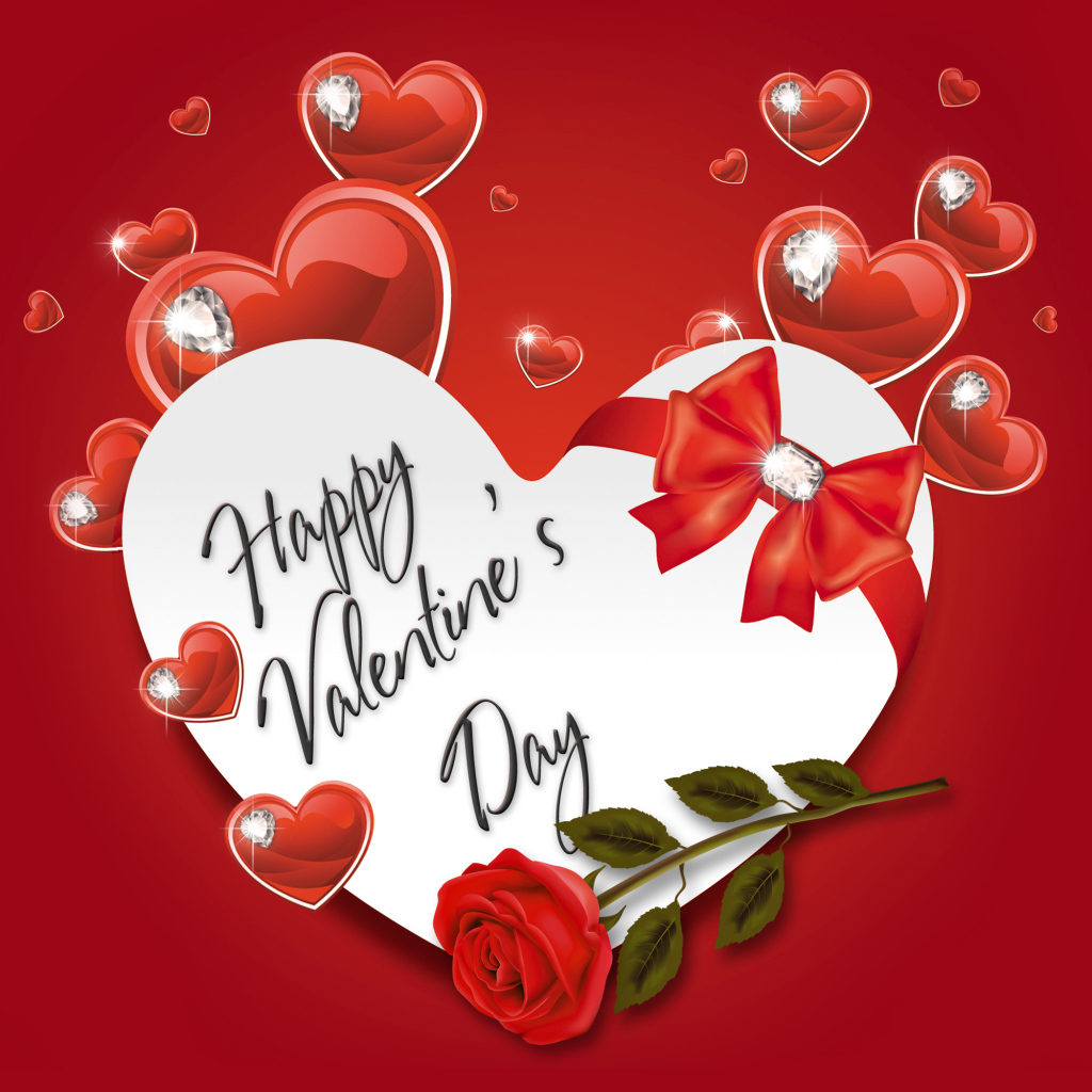 Открытка с сердечками на красном фоне на день Святого Валентина 