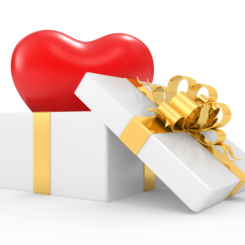 Белая подарочная коробка большим красным сердцем на белом фоне на 14 февраля