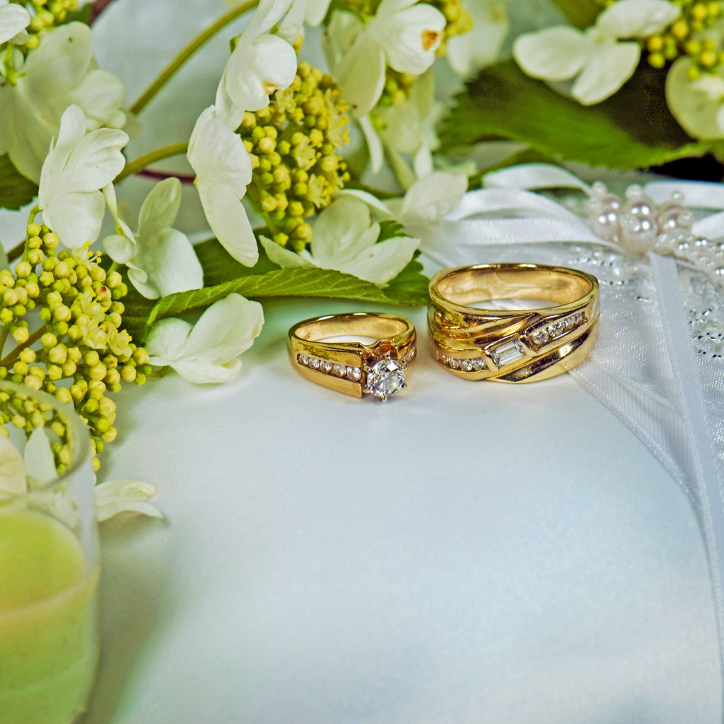 Два обручальных кольца на подушечке обшитой цветами