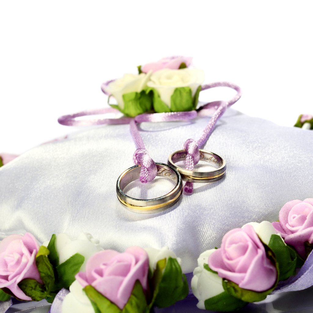 Два обручальных кольца на подушечке обшито