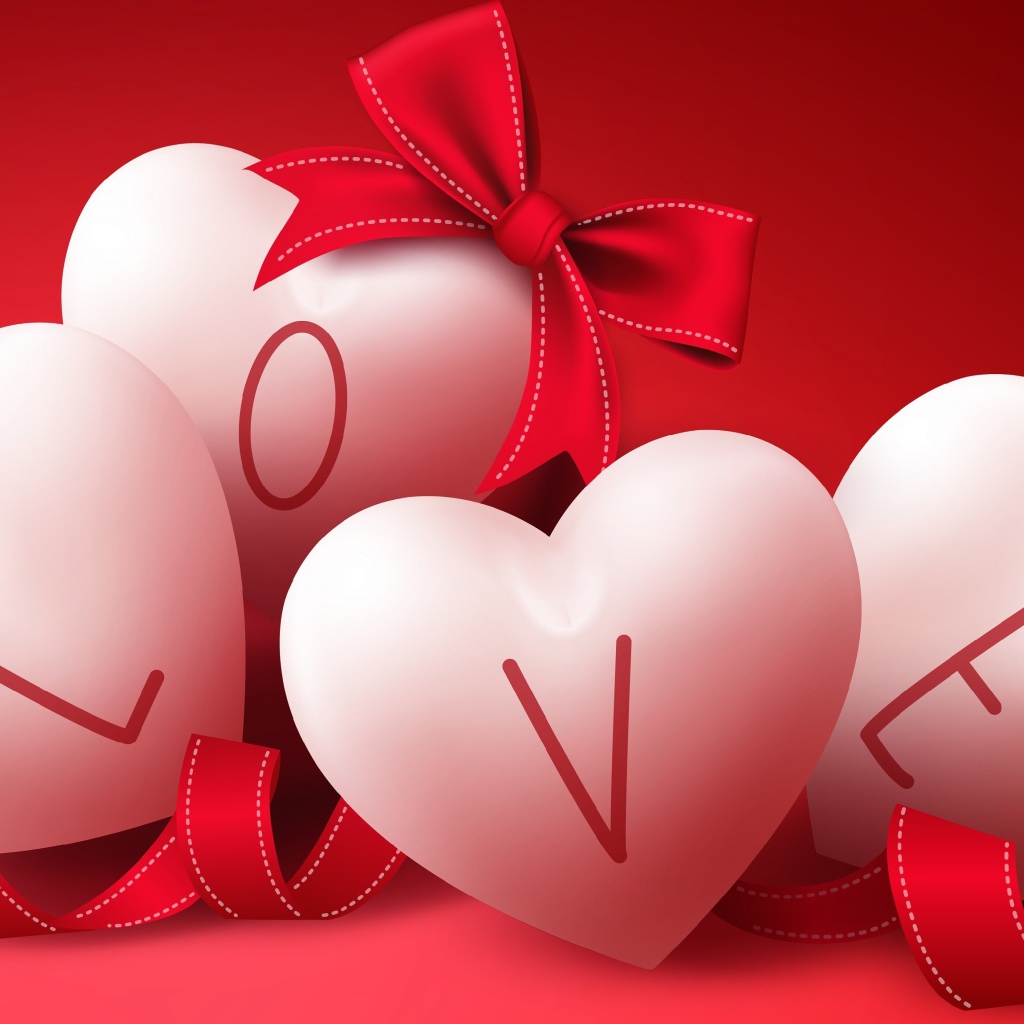 Большие белые сердечки на красном фоне с бантом
