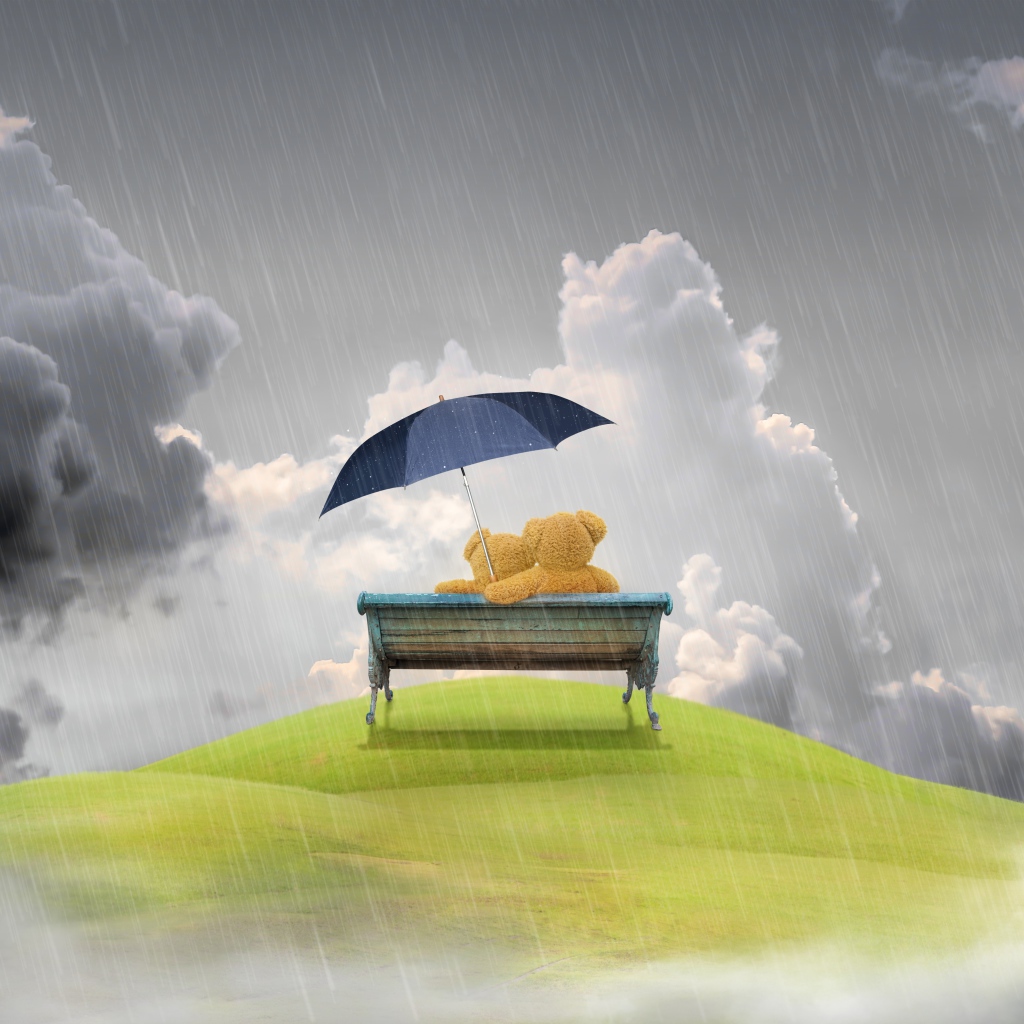 Влюбленные плюшевые мишки на лавке под дождем