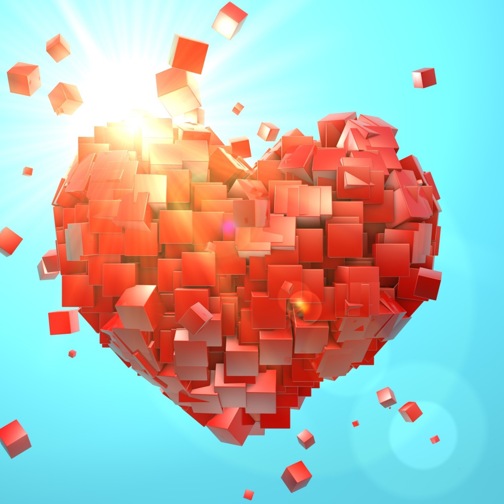 Сердце из красных кубиков на голубом фоне