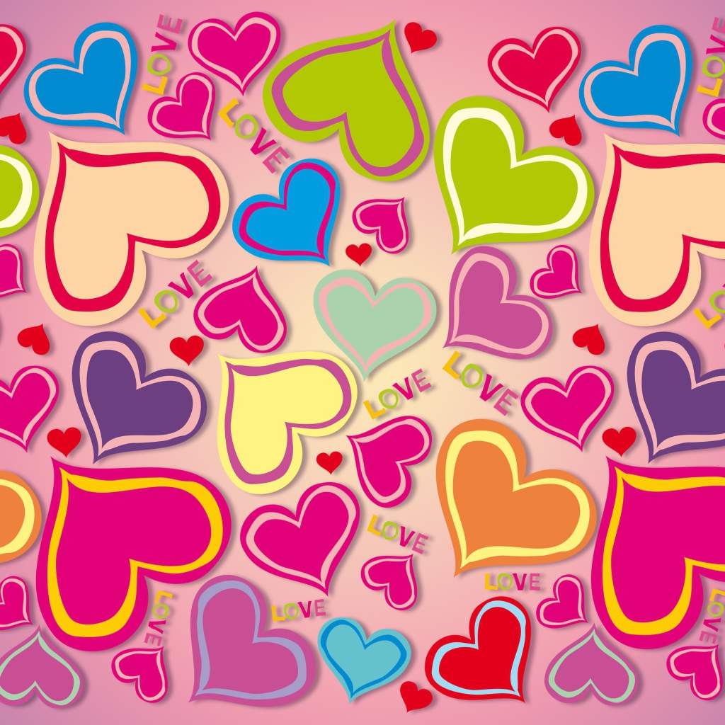 Many multicolored hearts on a pink background