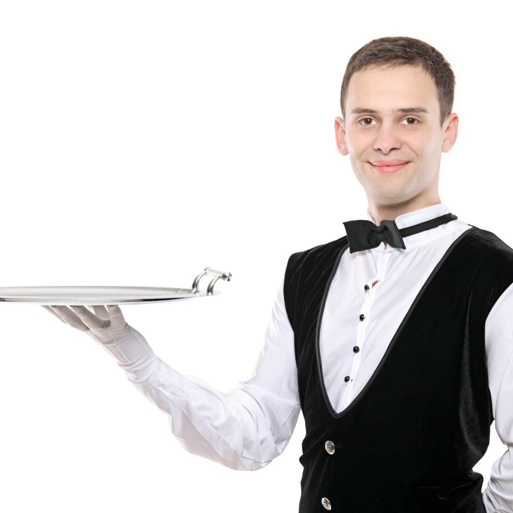Male waiter with a tray in hand on white background