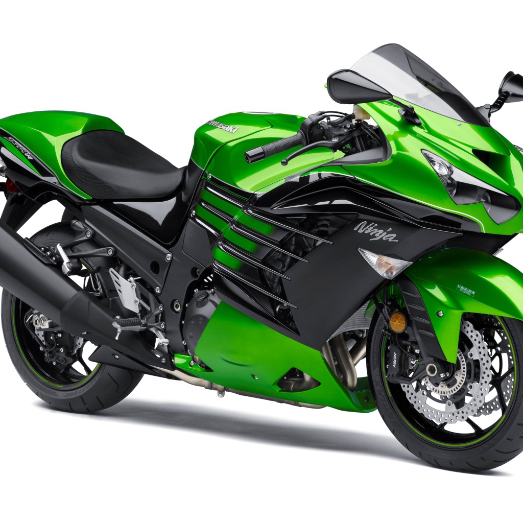 Зеленый мотоцикл Kawasaki Ninja ZX-14R на белом фоне