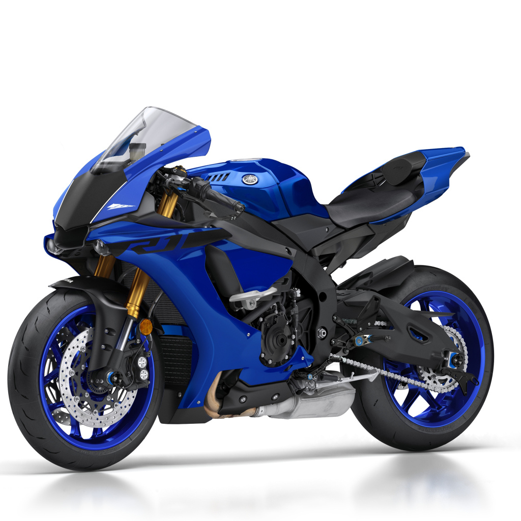Синий мотоцикл Yamaha YZF-R1 на белом фоне