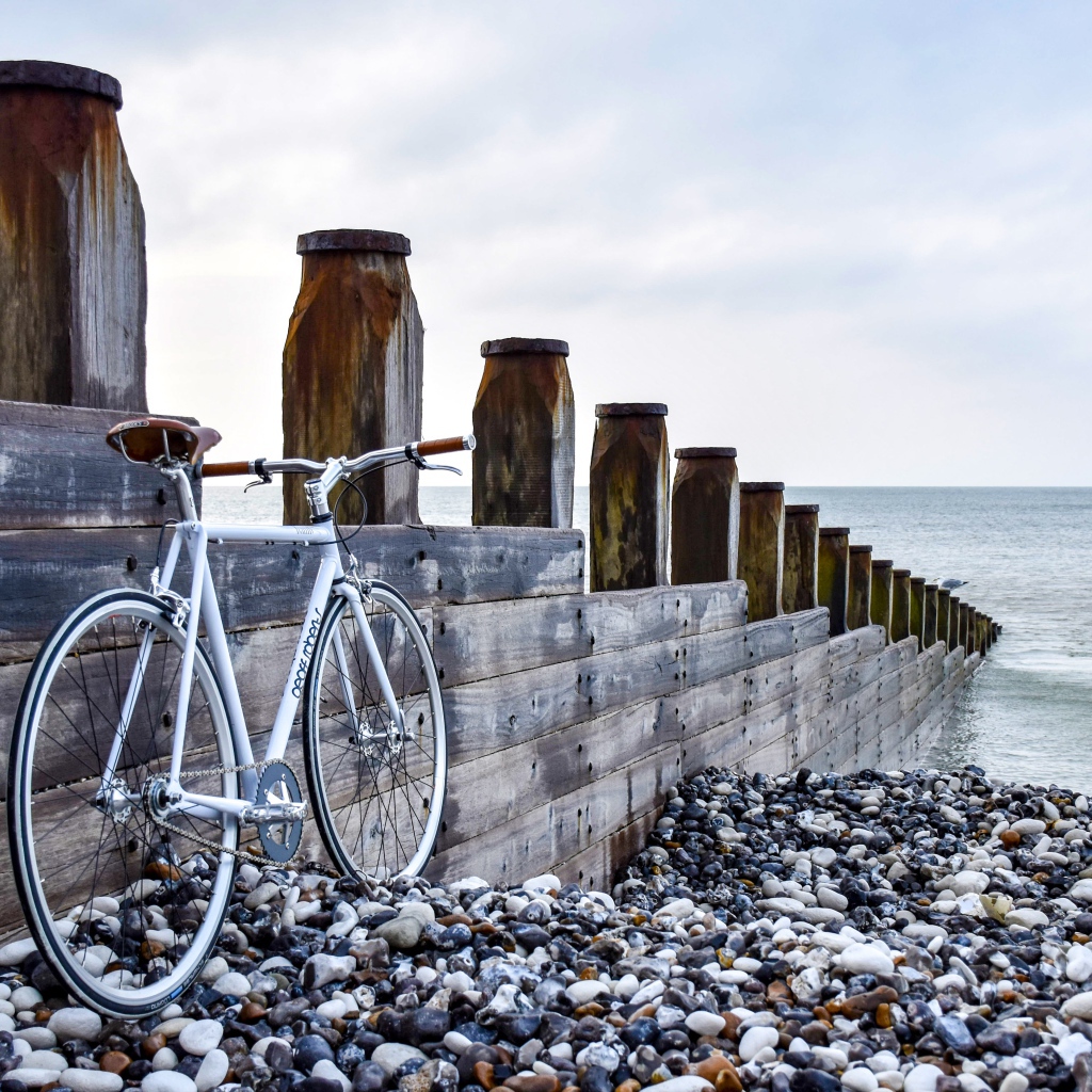 Велосипед стоит и моста на берегу моря
