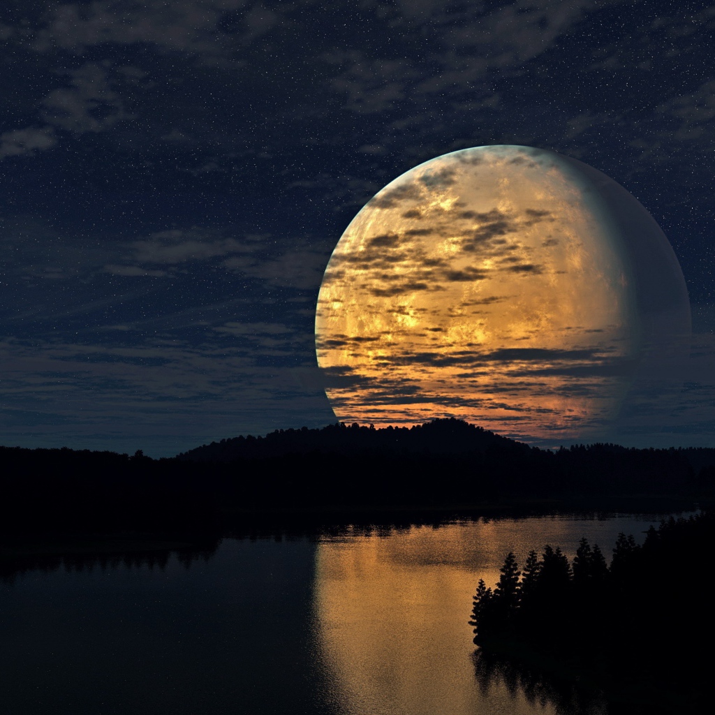 Огромная луна отражается в реке ночью