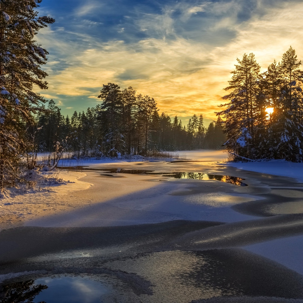 Покрытая льдом река с заснеженными елями по берегам на рассвете