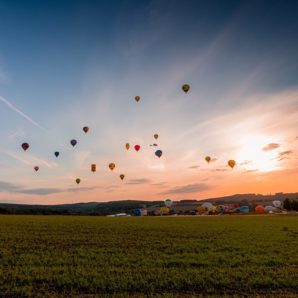 Воздушные шары в небе над зеленым полем