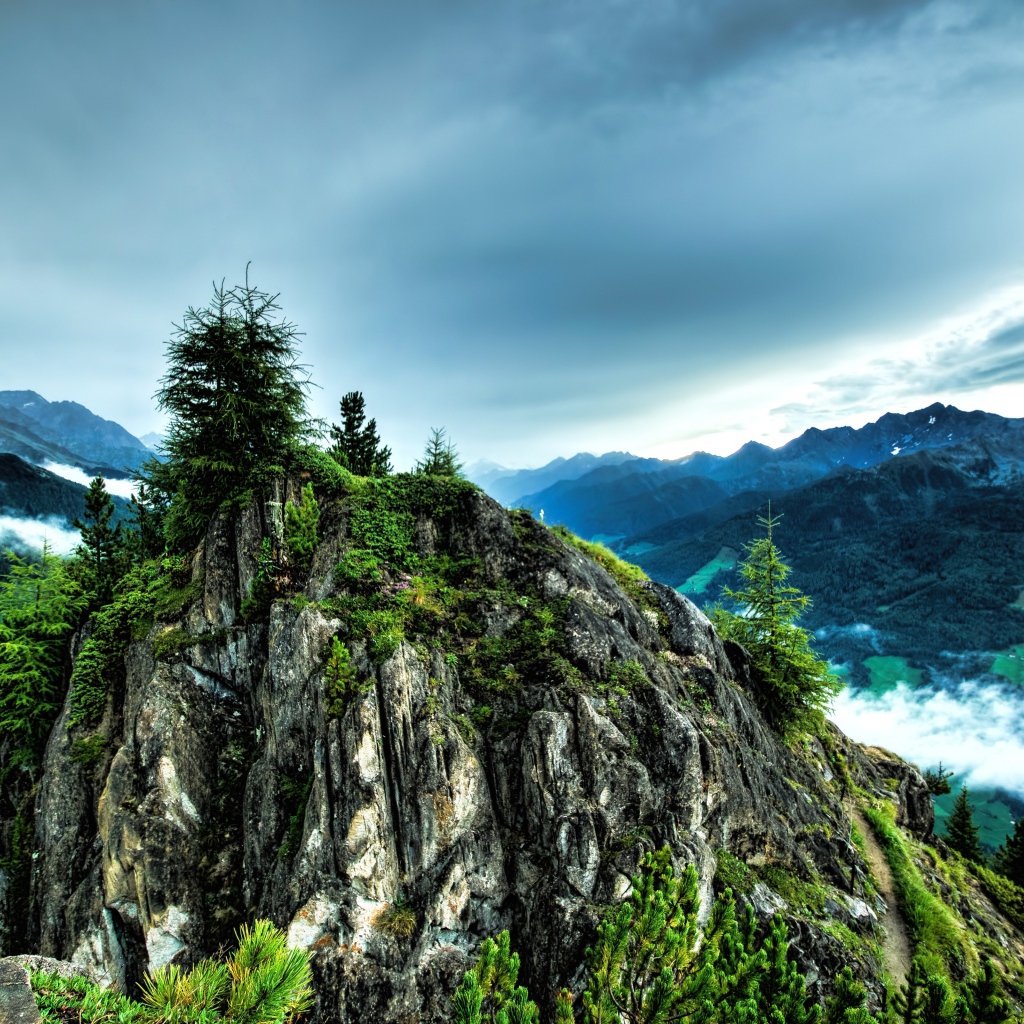 Firs atop a cliff under a cloudy sky