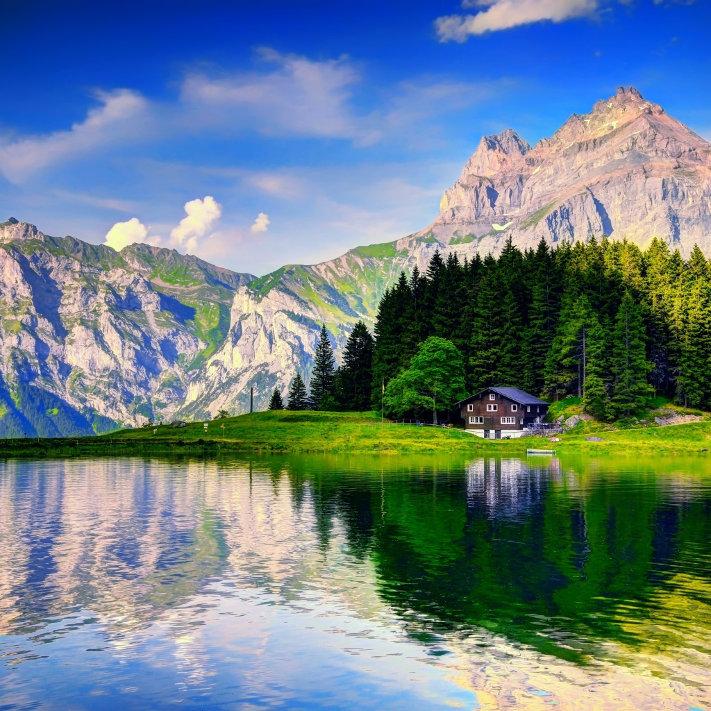 Лес и горы отражаются в озере под красивым голубым небом с белыми облаками