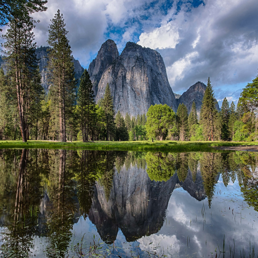 Каменные скалы и лес отражаются в воде 