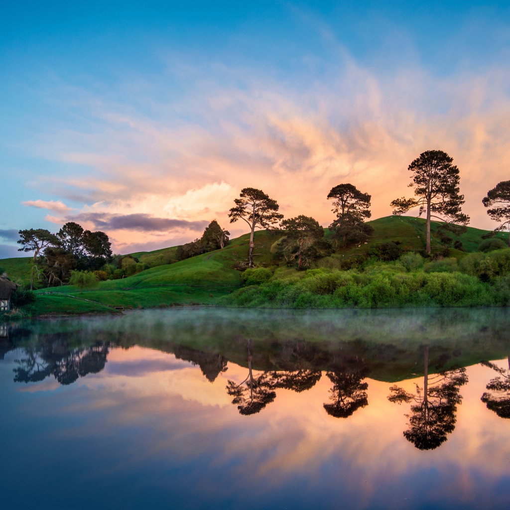 Деревья отражаются в воде на берегу озера на закате