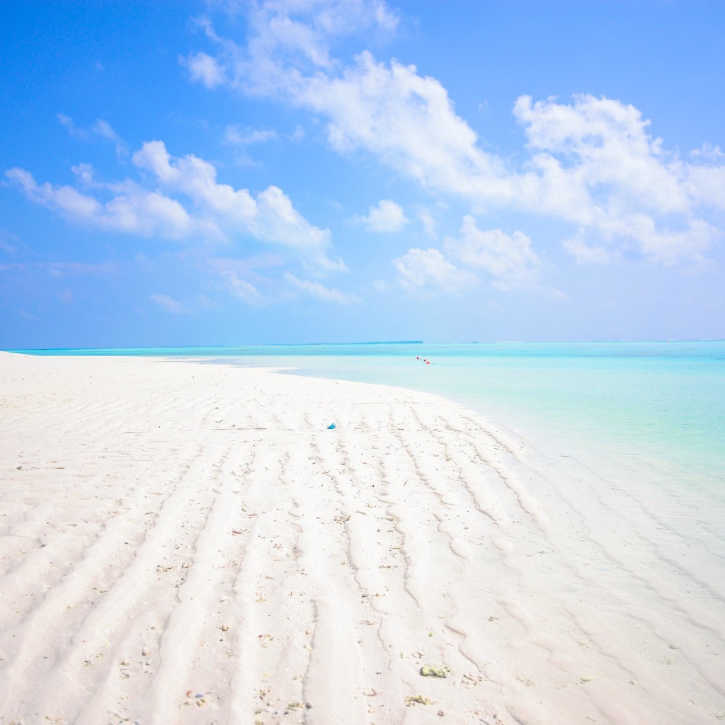 Белый песок на пляже Мальдив под голубым небом