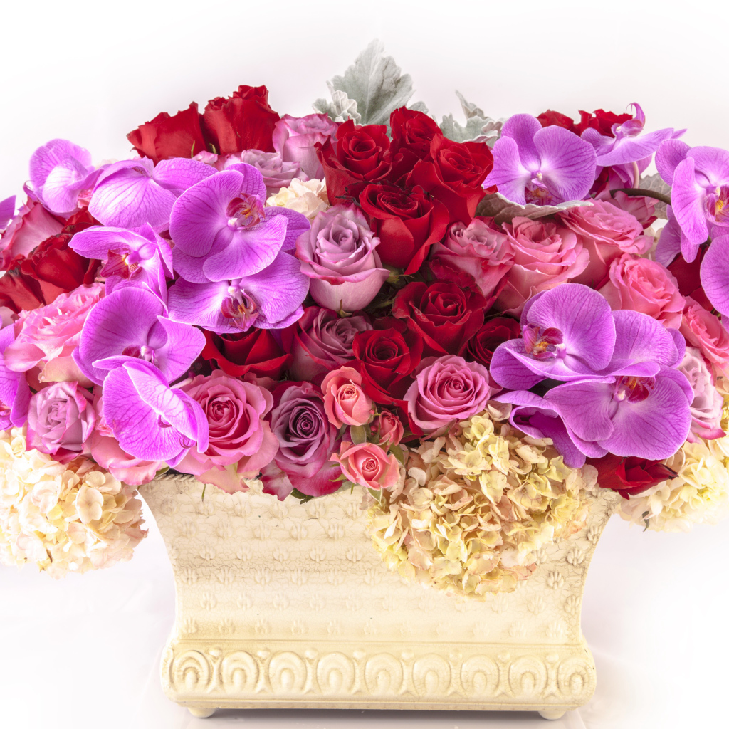 Корзина с цветами гортензии, розы и орхидеи на белом фоне