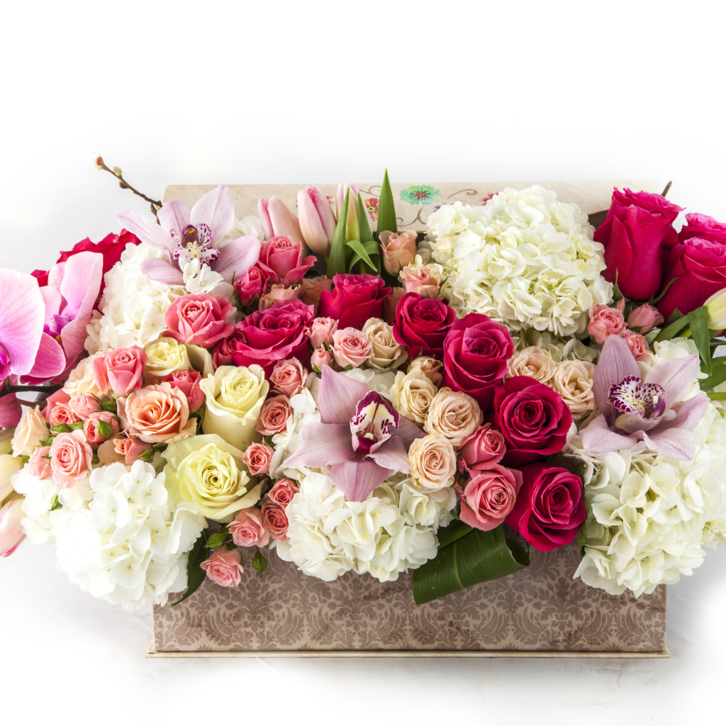 Корзина с цветами орхидеи, гортензии и розы и тюльпана на белом фоне