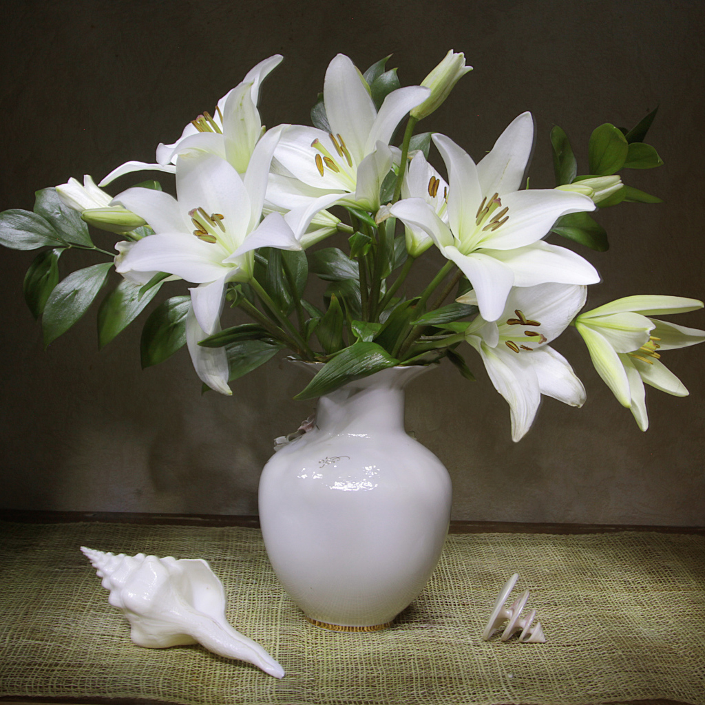 Красивый букет белых лилий в вазе 