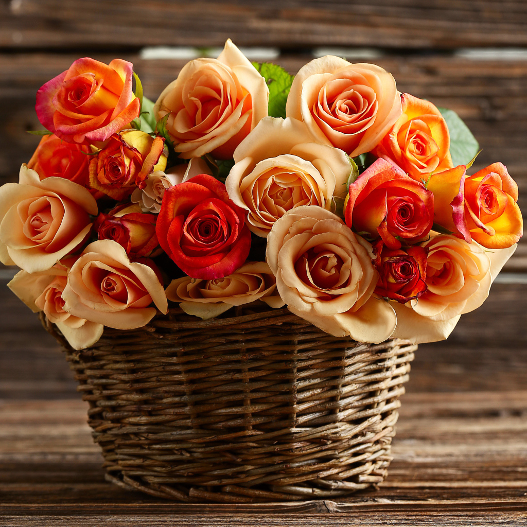 Букет красивых оранжевых роз в корзине