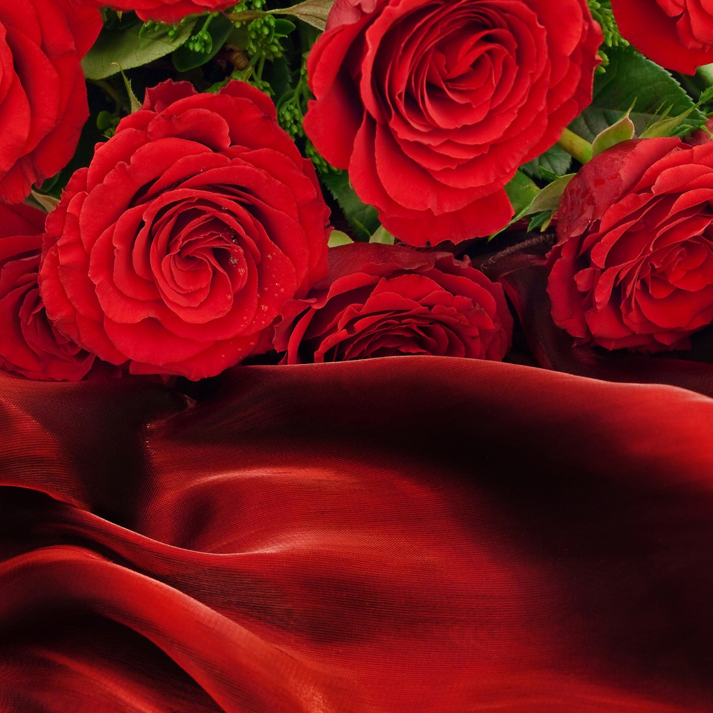 Bouquet of red roses on a red silk coverlet