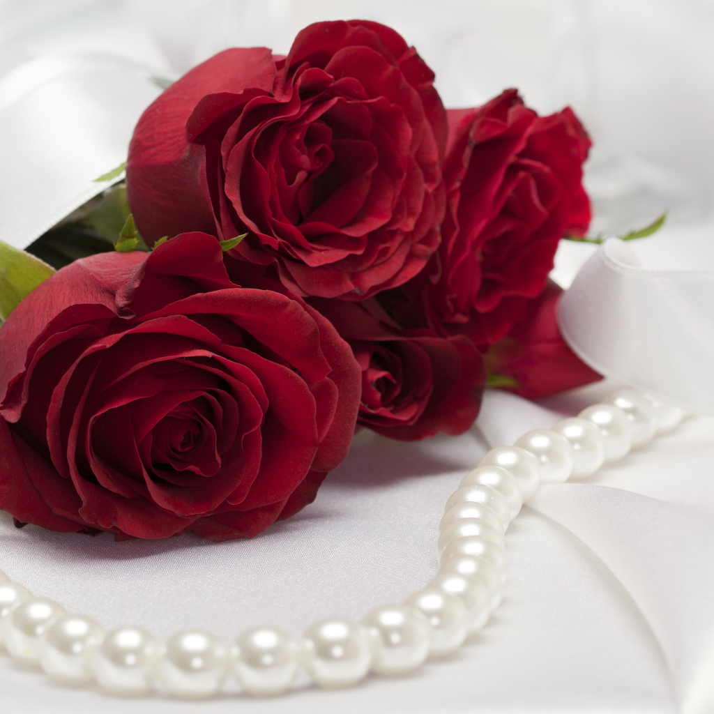 Букет красных роз с белыми жемчужными бусами 