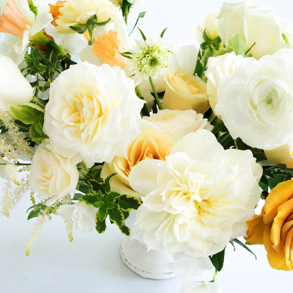 Букет белых и желтых роз на белом фоне