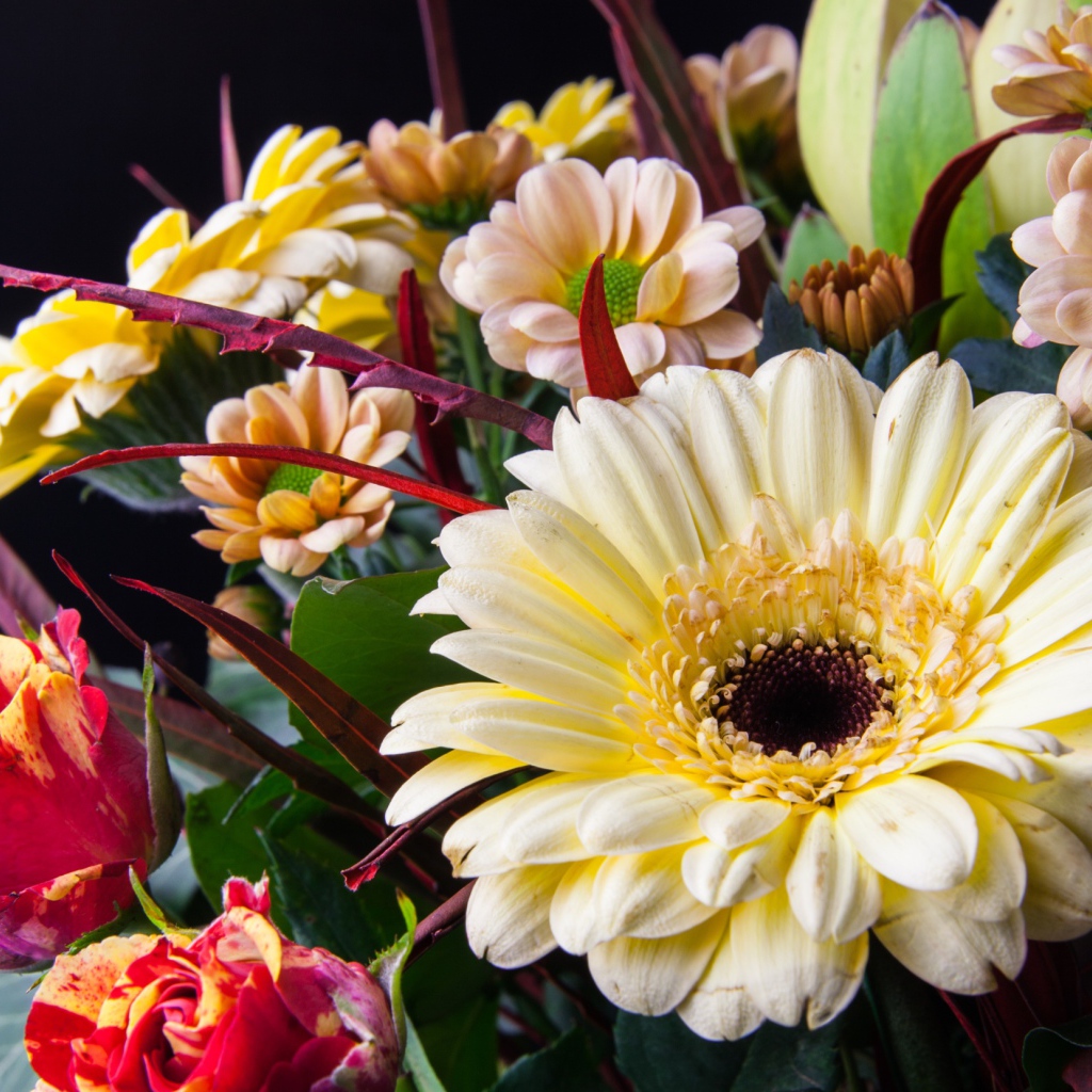 Букет с цветами герберы, розы и хризантемы