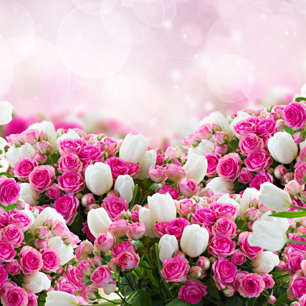Розовые розы с белыми тюльпанами