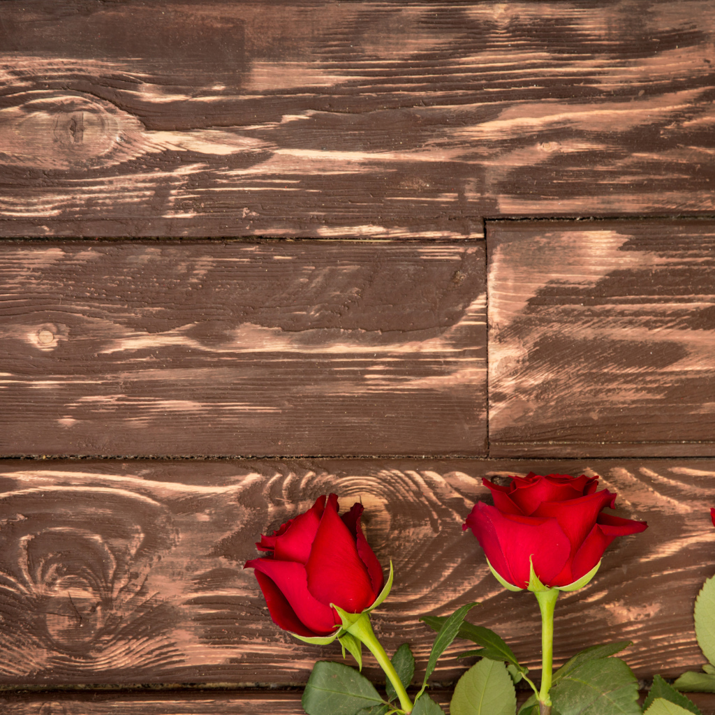 Три красные розы на деревянном фоне