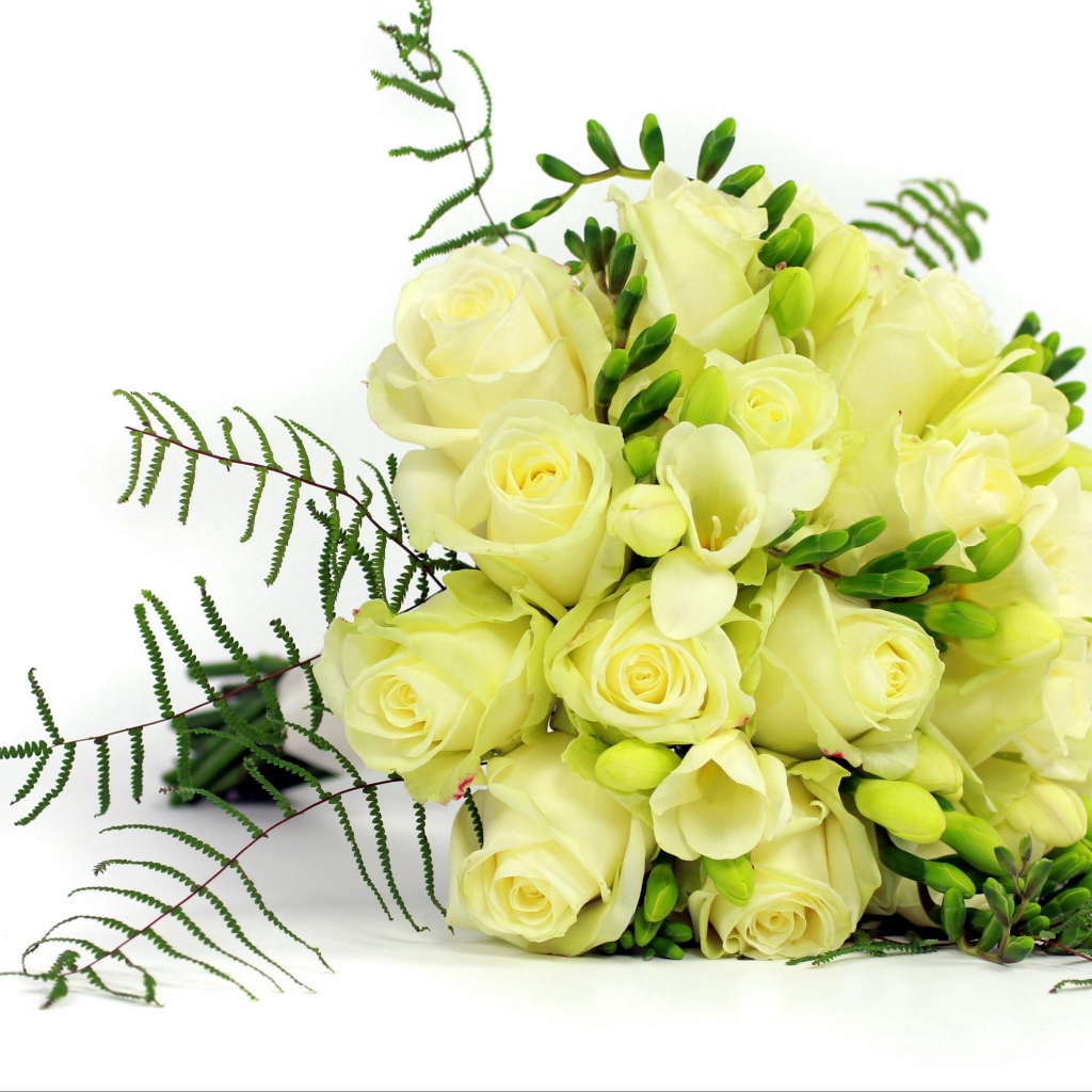 Белые цветы роз и фрезии в праздничном букете на белом фоне