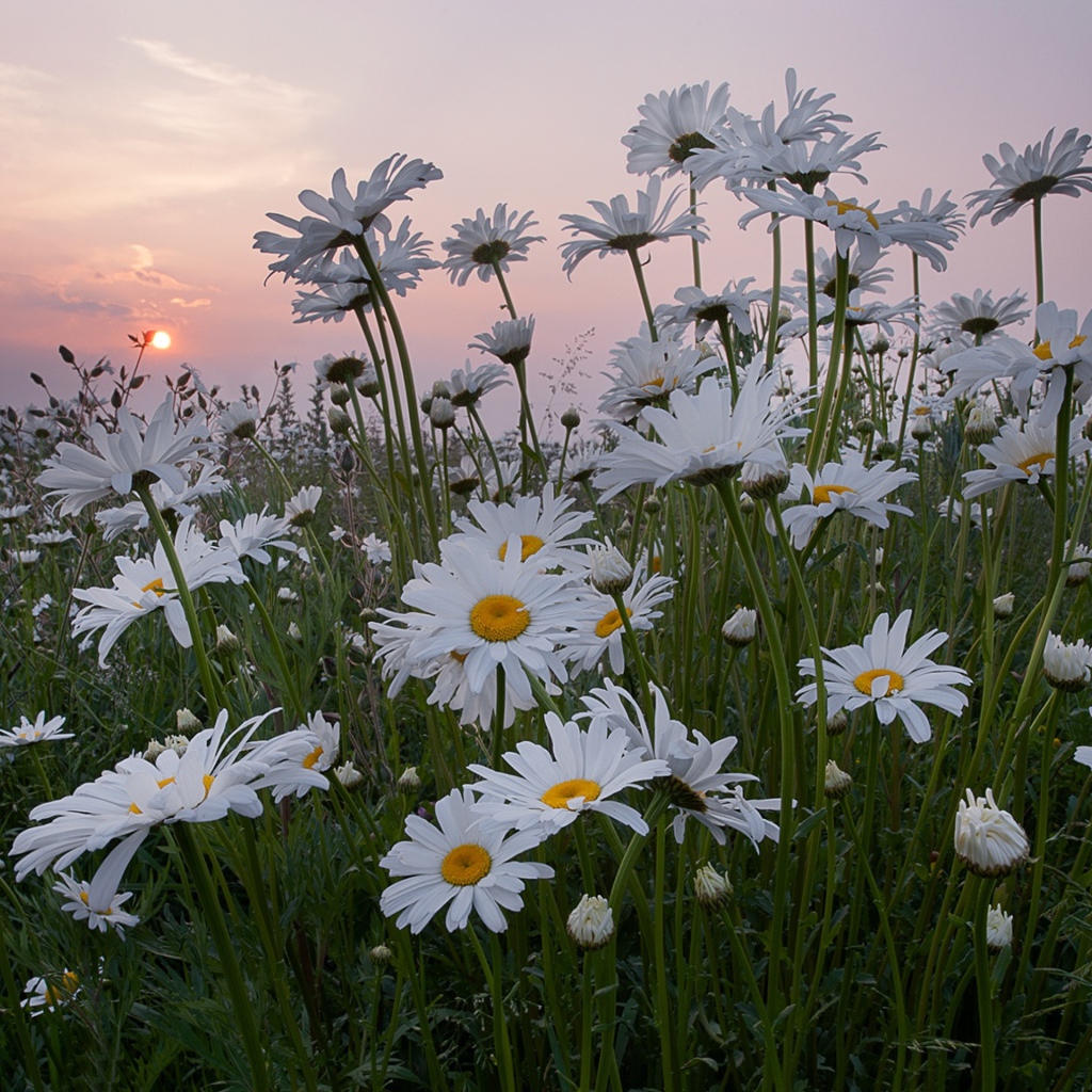 Белые летние ромашки на фоне восходящего солнца