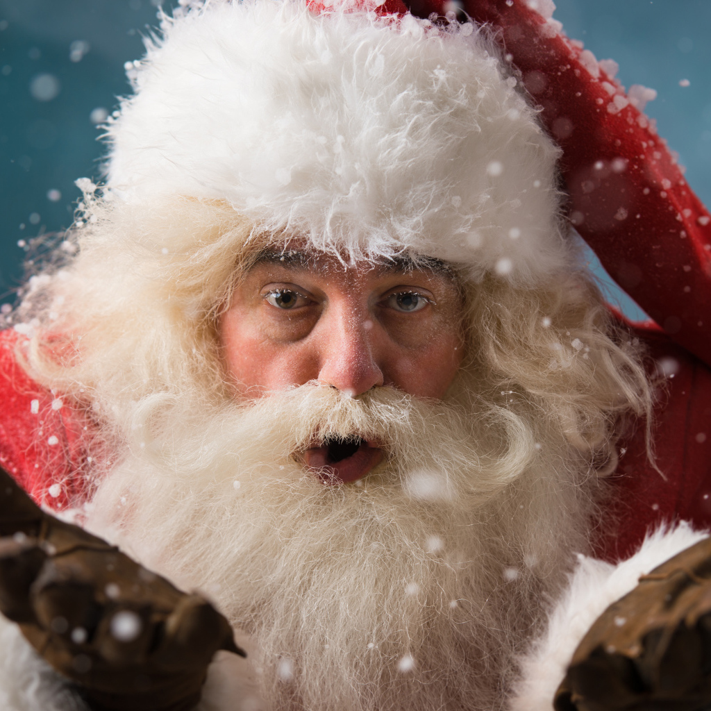Бородатый Санта Клаус в красном костюме на Новый год и Рождество